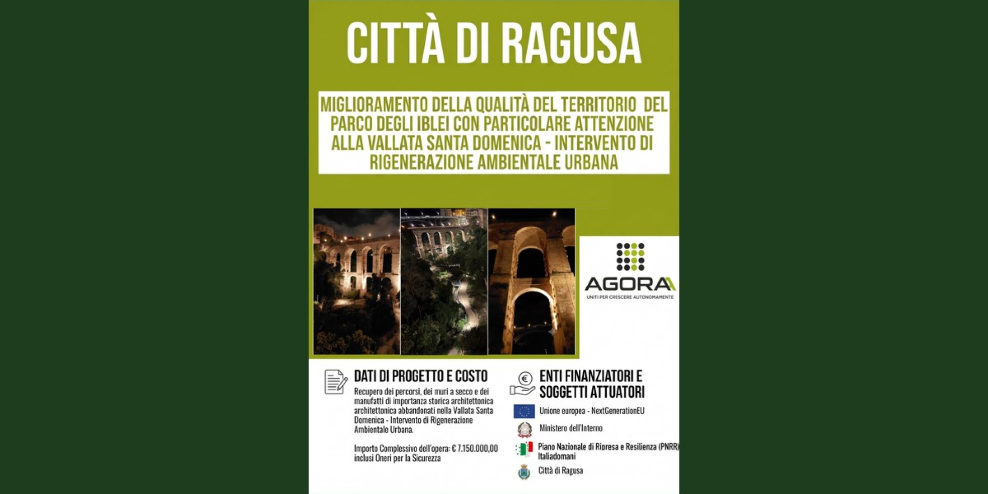 Vista notturna del progetto di rigenerazione ambientale nella Vallata Santa Domenica di Ragusa