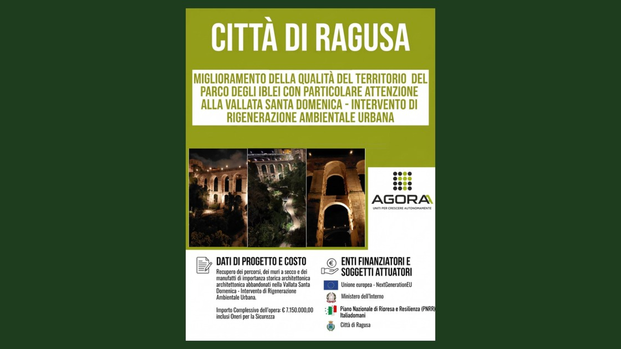 Vista notturna del progetto di rigenerazione ambientale nella Vallata Santa Domenica di Ragusa